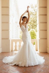 White Long Mermaid V-neck Tulle Lace Backless Sleeveless Wedding Dress