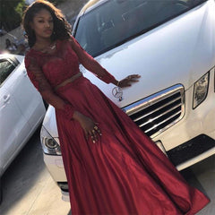 Long A-line Jewel Satin Two Pieces Prom Dress with Sleeves
