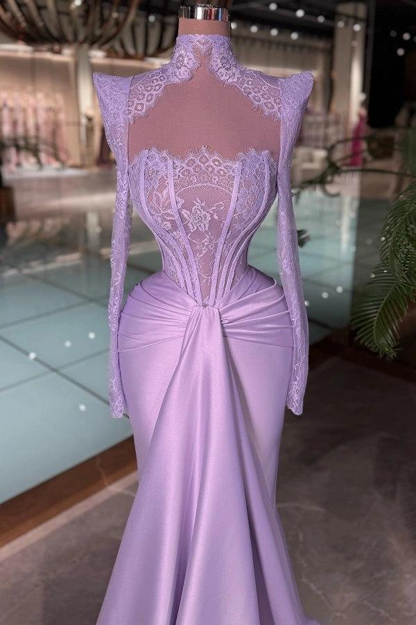 Purple Long Sleeves High Neck Lace Mermaid Prom Dress with Drape