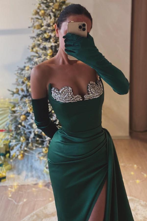 Dark Green Long Strapless Satin Front Slit Mermaid Prom Dress with Gloves