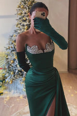 Dark Green Long Strapless Satin Front Slit Mermaid Prom Dress with Gloves
