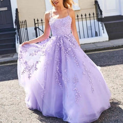 Long A-line Tulle Lace Backless Prom Dress