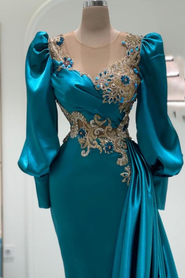 Long Mermaid Sweetheart Satin Beaded Formal Evening Dresses with Sleeves