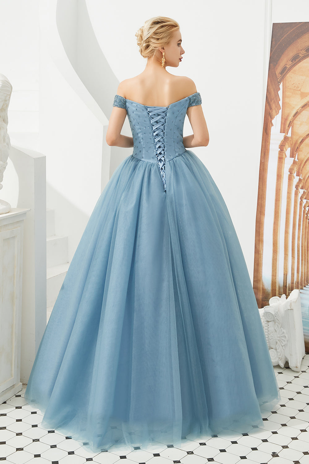 Long A-line Off the Shoulder Tulle Sequin Formal Dresses
