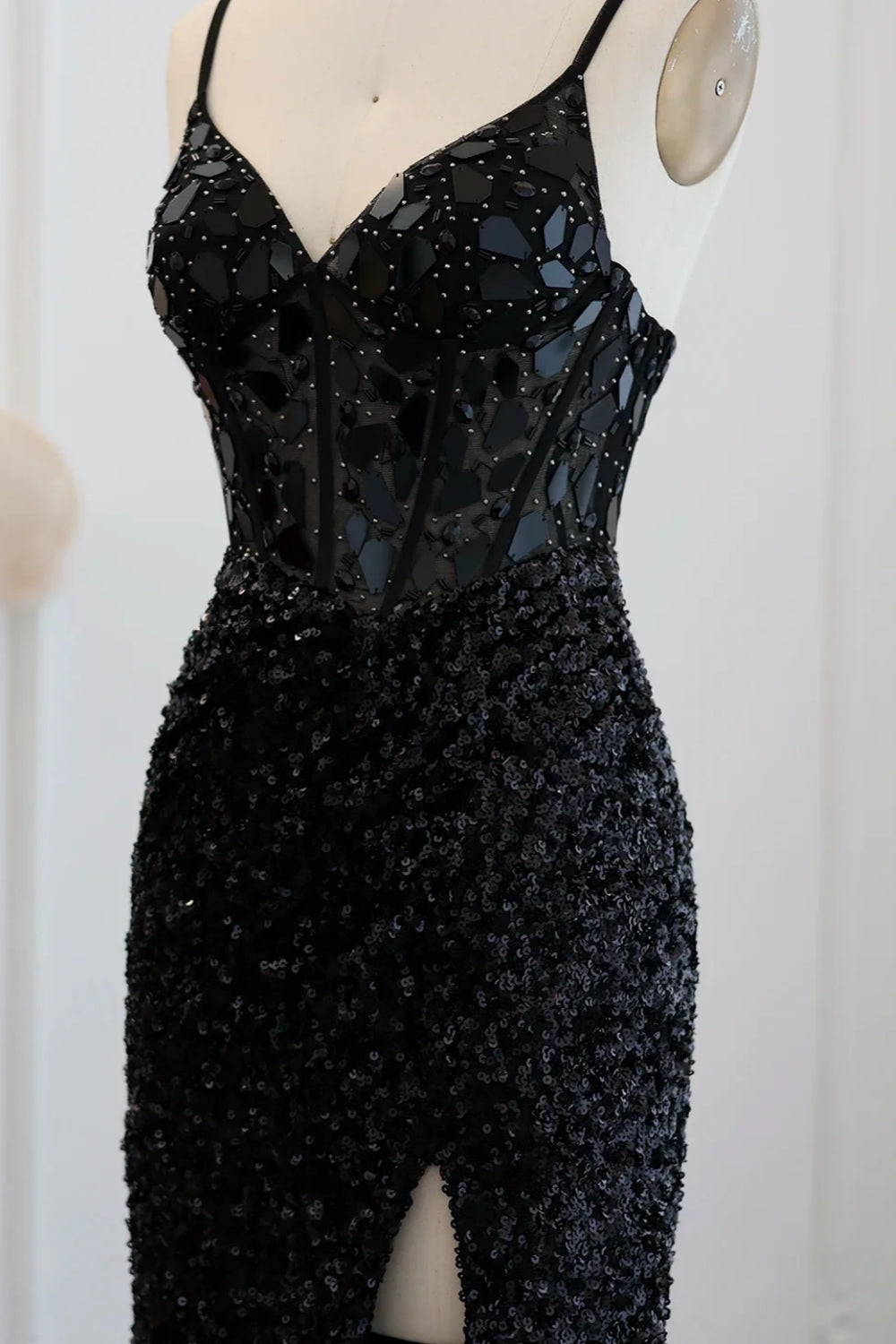 Sparkly Spaghetti Straps Mermaid Backless Split Front Prom Dress with Sequins