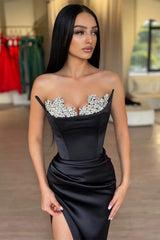 Black Strapless Mermaid Long Satin Beaded Prom Dress with Slit