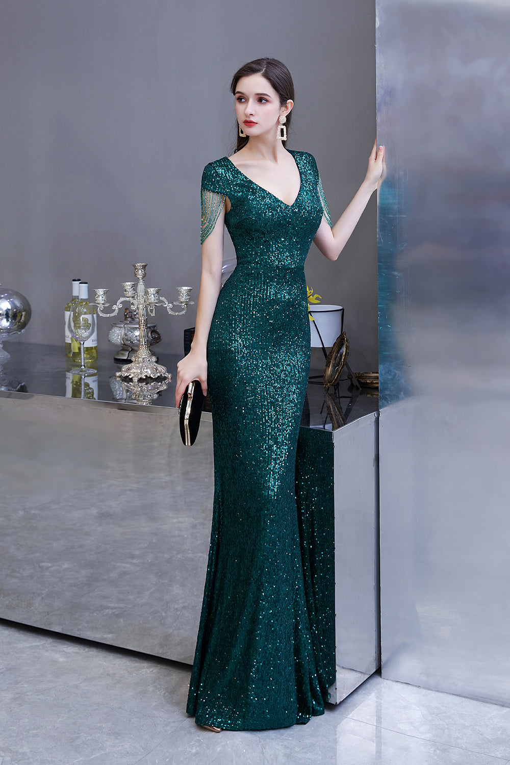 Elegant Mermaid Cap Sleeve Dark Green Sequins Long Formal Evening Dress