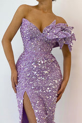 Lilac Long Mermaid Sequin One Shoulder Prom Dresses with Slit
