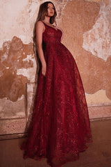 Long A-line Sweetheart Glitter Burgundy Prom Dress