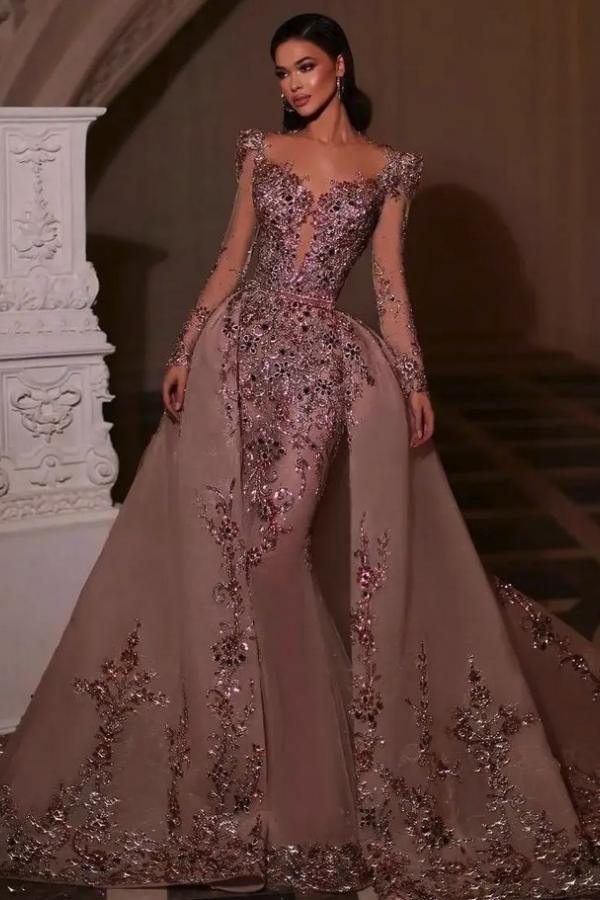Long Sleeve Mermaid Tulle Beads Appliques Lace Prom Dress with Detachable Train