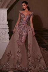 Long Sleeve Mermaid Tulle Beads Appliques Lace Prom Dress with Detachable Train