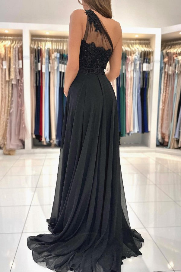 Black Long A-line One Shoulder Chiffon Lace Prom Dresses with Slit
