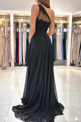 Black Long A-line One Shoulder Chiffon Lace Prom Dresses with Slit