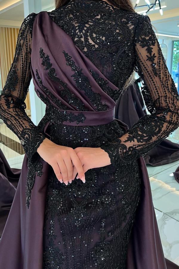 Long Sleeves Mermaid Satin High Neck Sequins Evening Dresses with Sweep Train