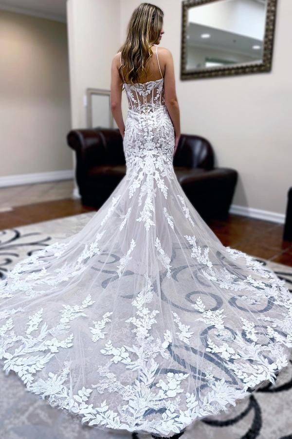 Charming Long Mermaid Chapel Train Sleeveless Backless Lace Wedding Dress with Appliques