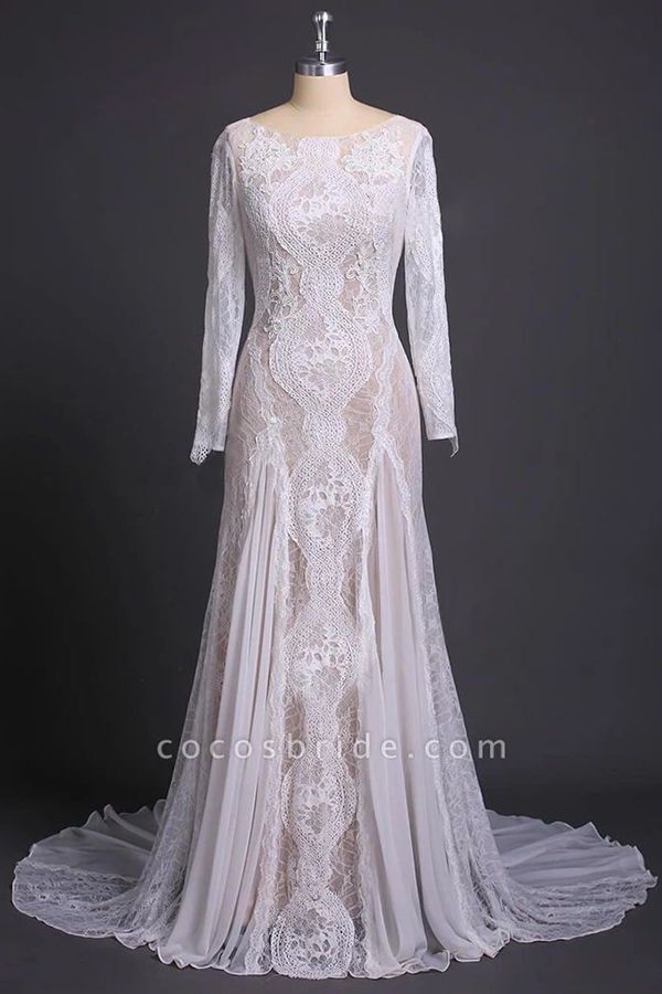 Elegant Long Sleeve Mermaid Lace Open Back Wedding Dress