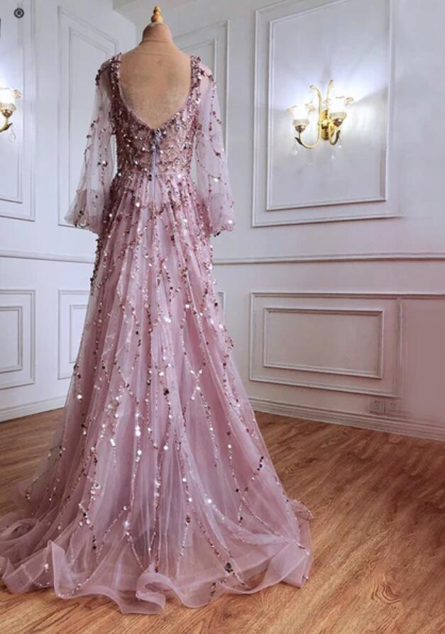 Long A-line V-neck Tulle Beading Formal Prom Dress with Sleeves