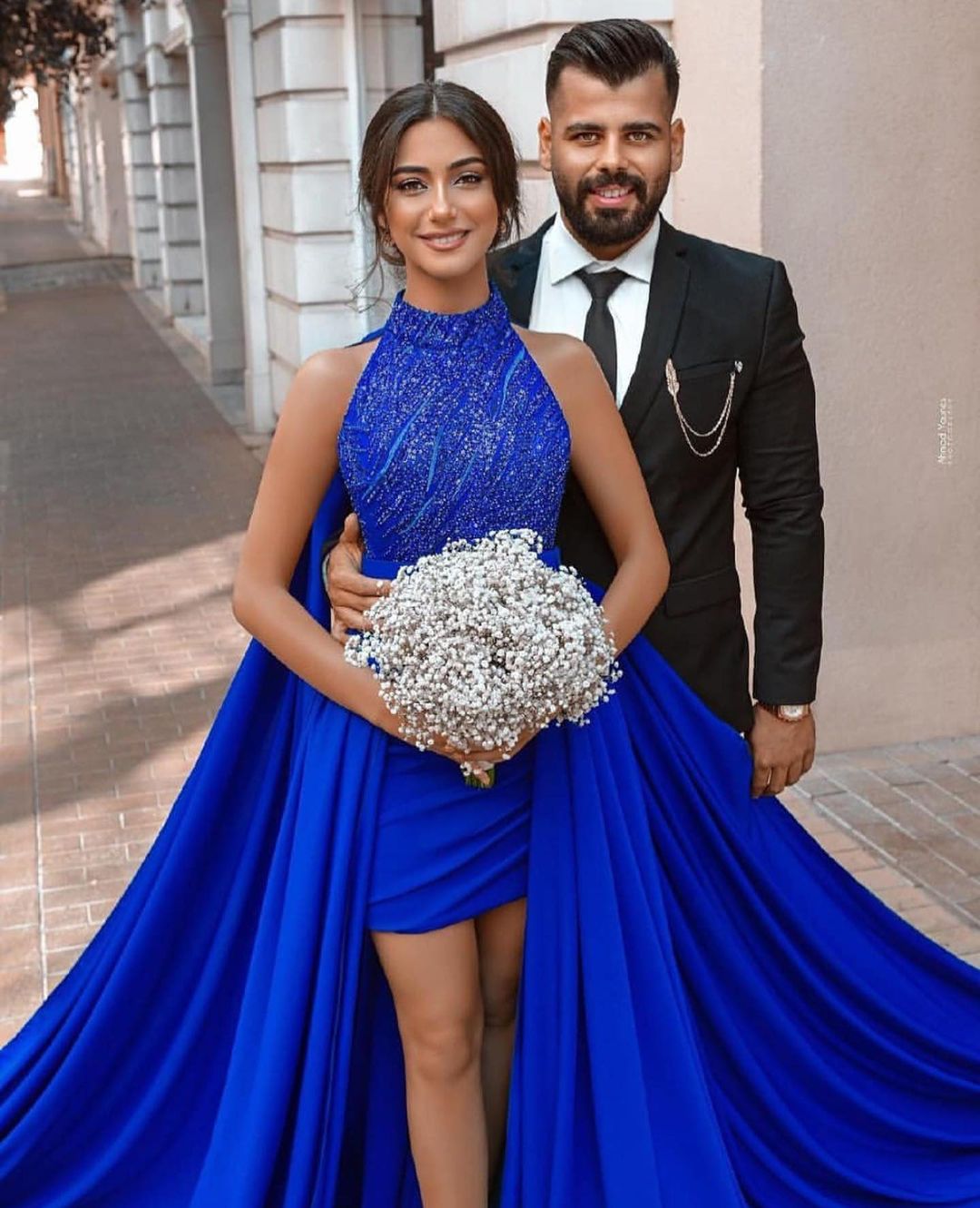 Long Halter Royal Blue Formal Prom Dress with Sweep Train