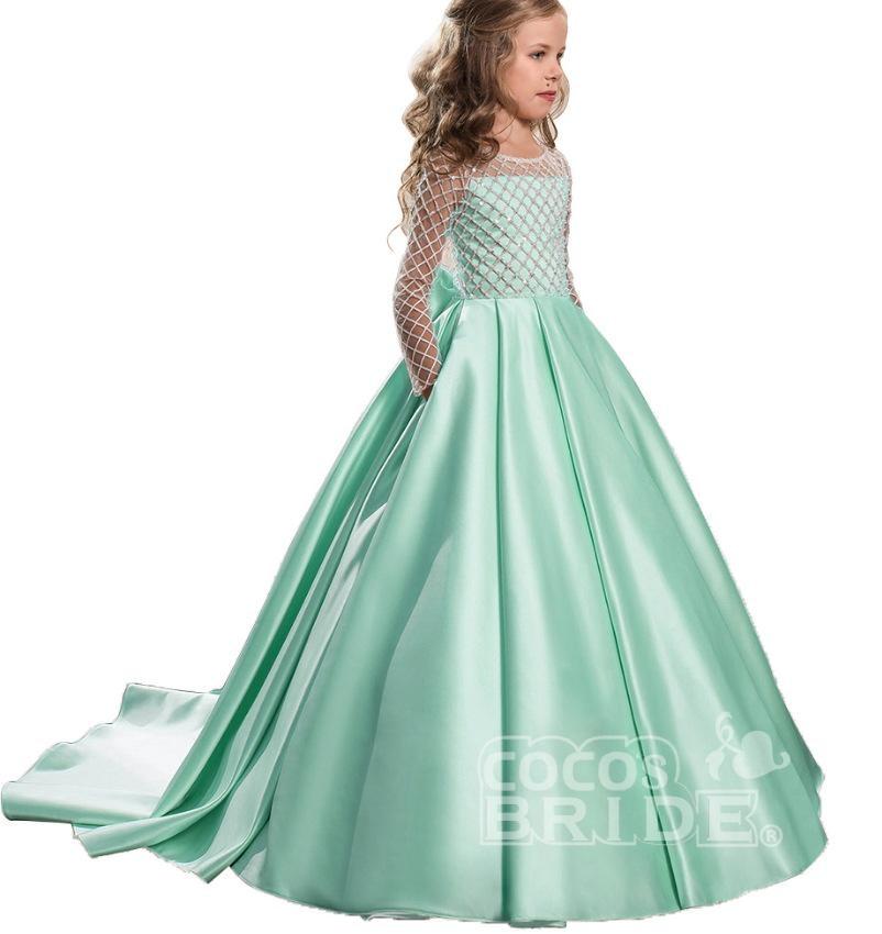 Scoop Neck Long Sleeves Ball Gown Flower Girl Dress with Pockets