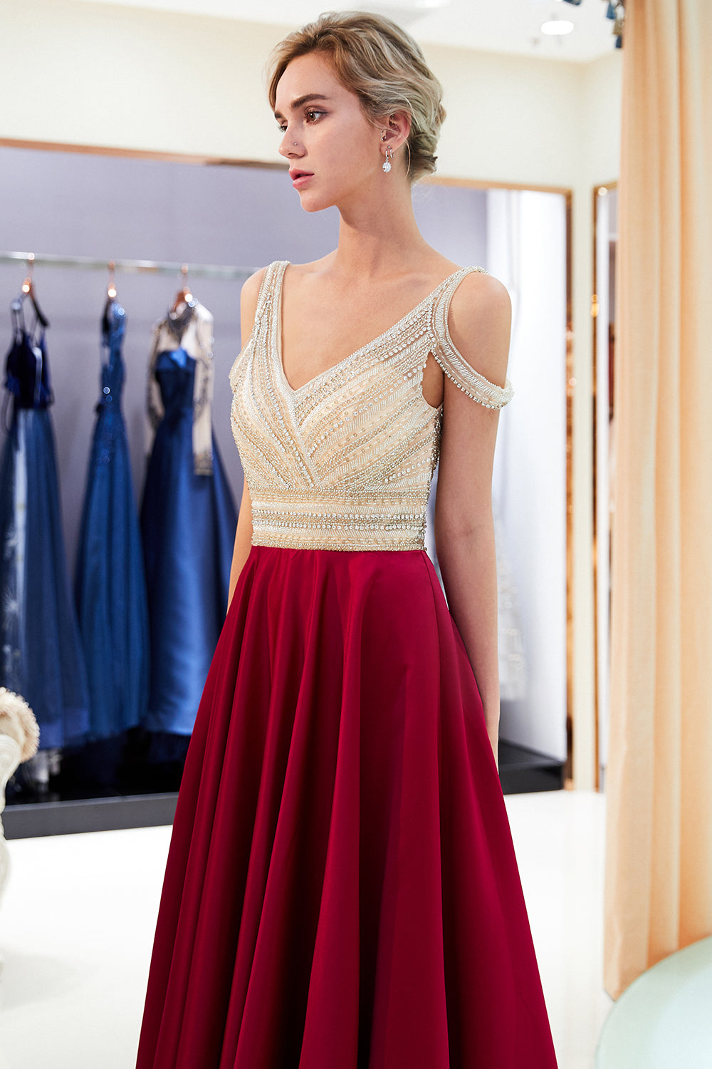Long V-neck Satin A-line Beaded Formal Evening Dress