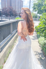Charming Long Tulle Mermaid Spaghetti Straps Sweetheart Appliques Lace Open Back Wedding Dress