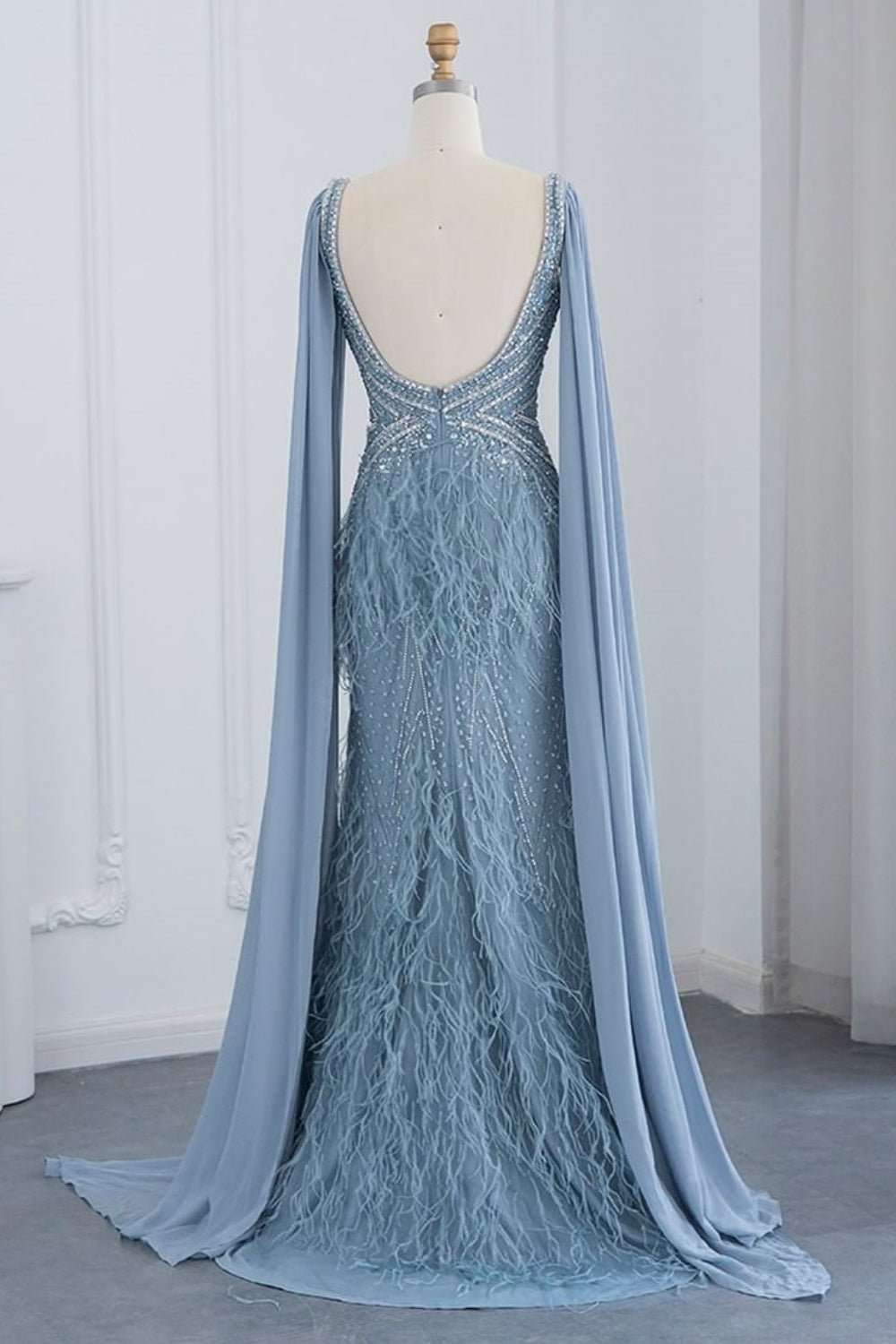 Long Mermaid V-Neck Fur Beadings Front Slit Formal Evening Dresses with Cape Sleeves