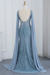 Long Mermaid V-Neck Fur Beadings Front Slit Formal Evening Dresses with Cape Sleeves