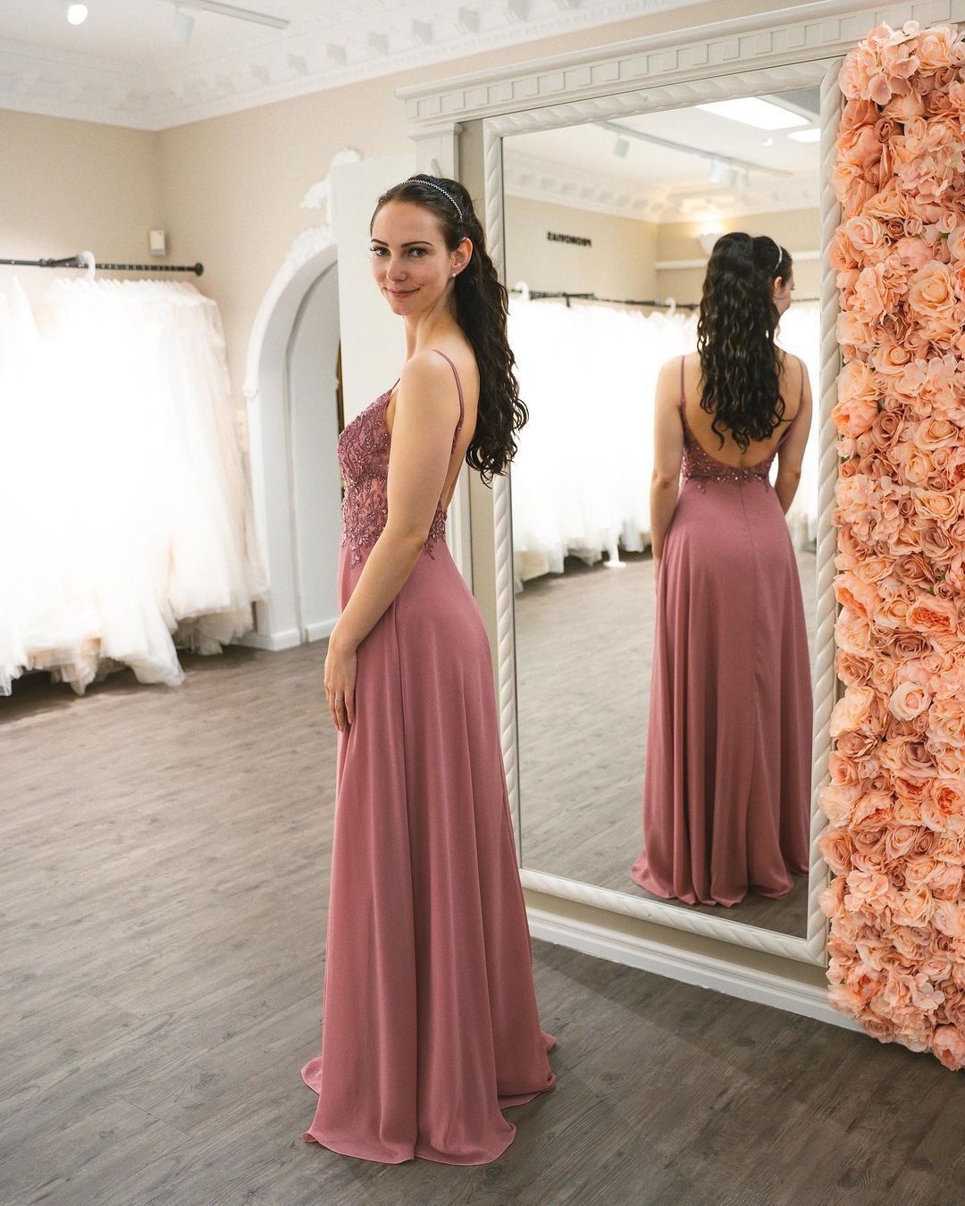 Long A-line Spaghetti Straps V-neck Open Back Floor Length Chiffon Prom Dress