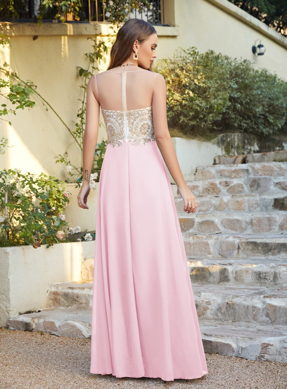 Gorgeous Long A-line Chiffon Lace Sleeveless Formal Evening Dresses