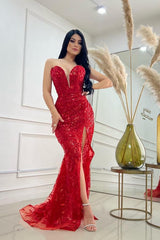 Long Mermaid Sweetheart Sequined Satin Formal Prom Dresses with Slit