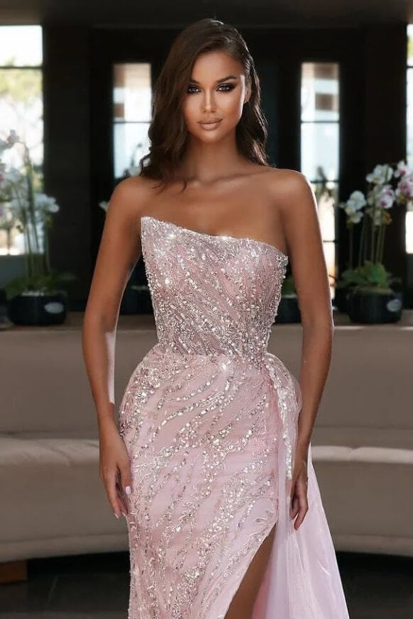 Long Mermaid Strapless Tulle Beads High Split Prom Dresses