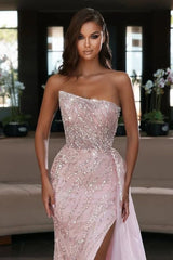 Long Mermaid Strapless Tulle Beads High Split Prom Dresses