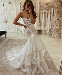 Charming Long Sweetheart Mermaid Appliques Lace Ruffles Tulle Wedding Dress