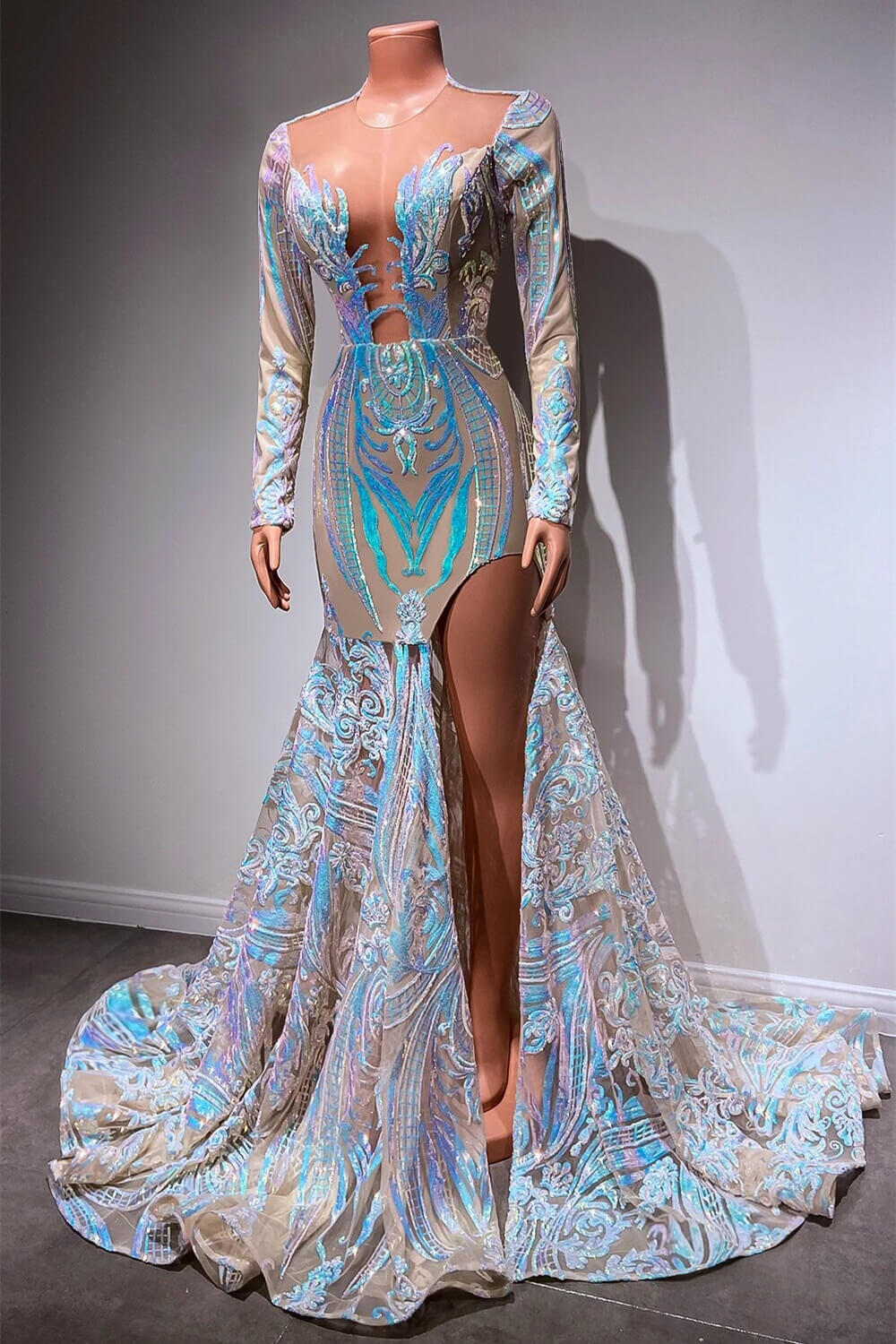 Long Sleeves Mermaid V-neck Sparkle Sequin High Split Prom Dresses