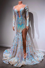 Long Sleeves Mermaid V-neck Sparkle Sequin High Split Prom Dresses