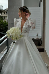 Long Sleeve Deep V-Neck A-Line Lace Satin Wedding Dress with Ruffles