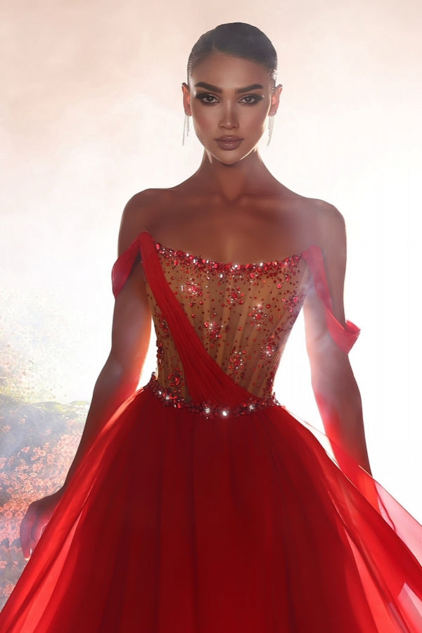 Red A-line Strapless Chiffon Floor Length Prom Dress with Ruffle