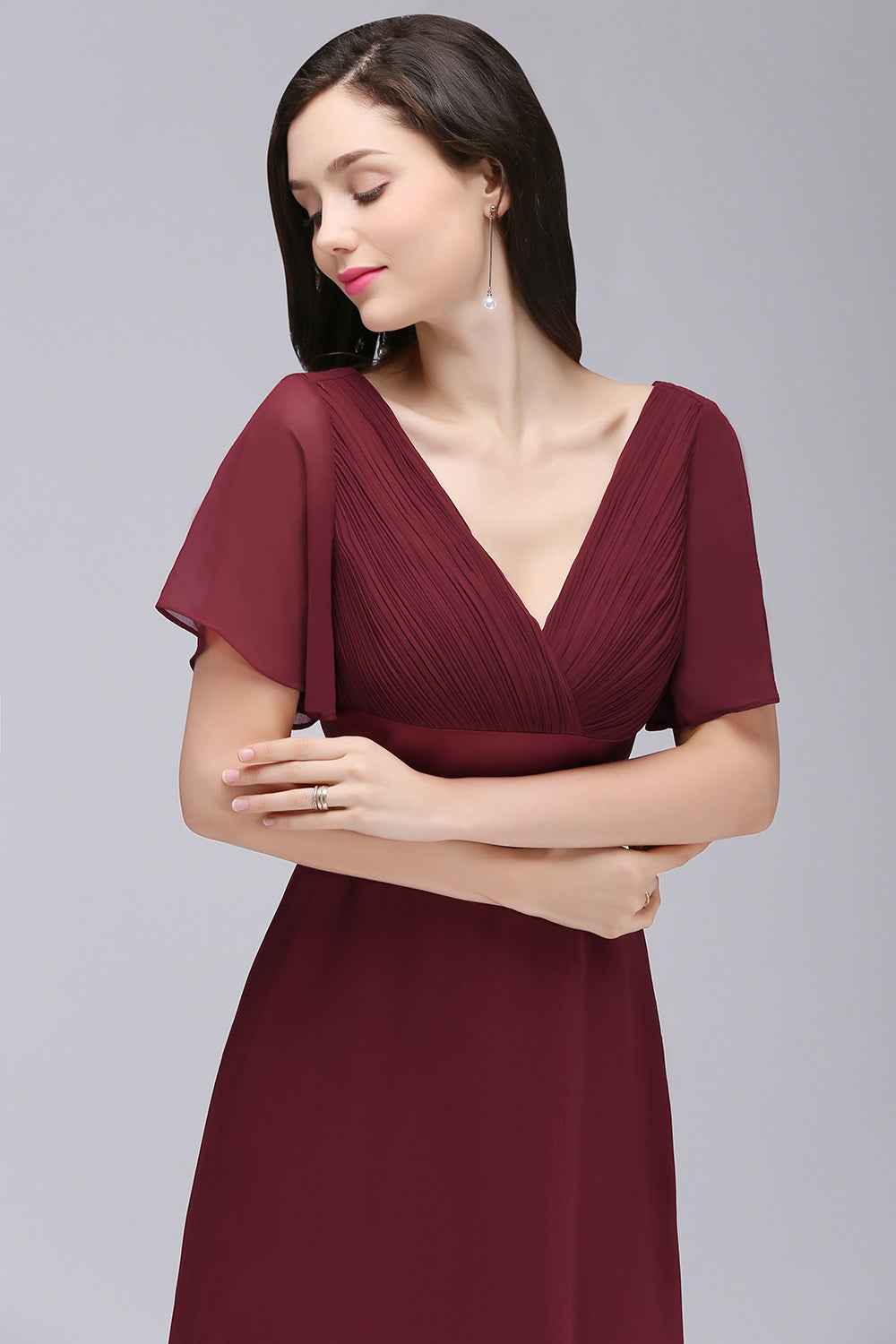 A-line Ruffle Chiffon V-Neck Long Bridesmaid Dress with Sleeves