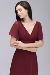 A-line Ruffle Chiffon V-Neck Long Bridesmaid Dress with Sleeves