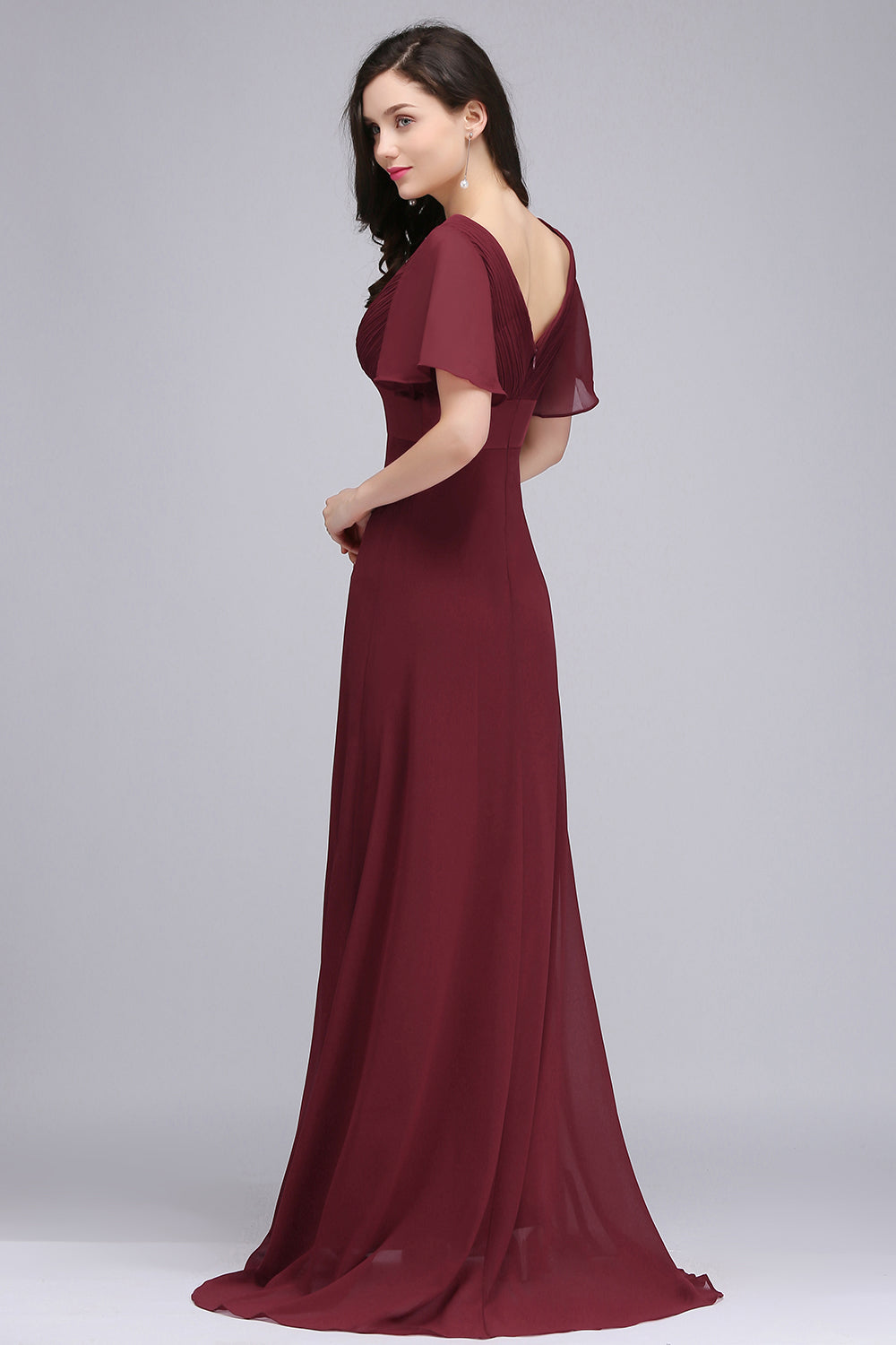 A-line Ruffle Chiffon V-Neck Long Bridesmaid Dress with Sleeves