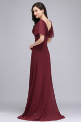 A-line Ruffle Chiffon V-Neck Long Bridesmaid Dress with Sleeves