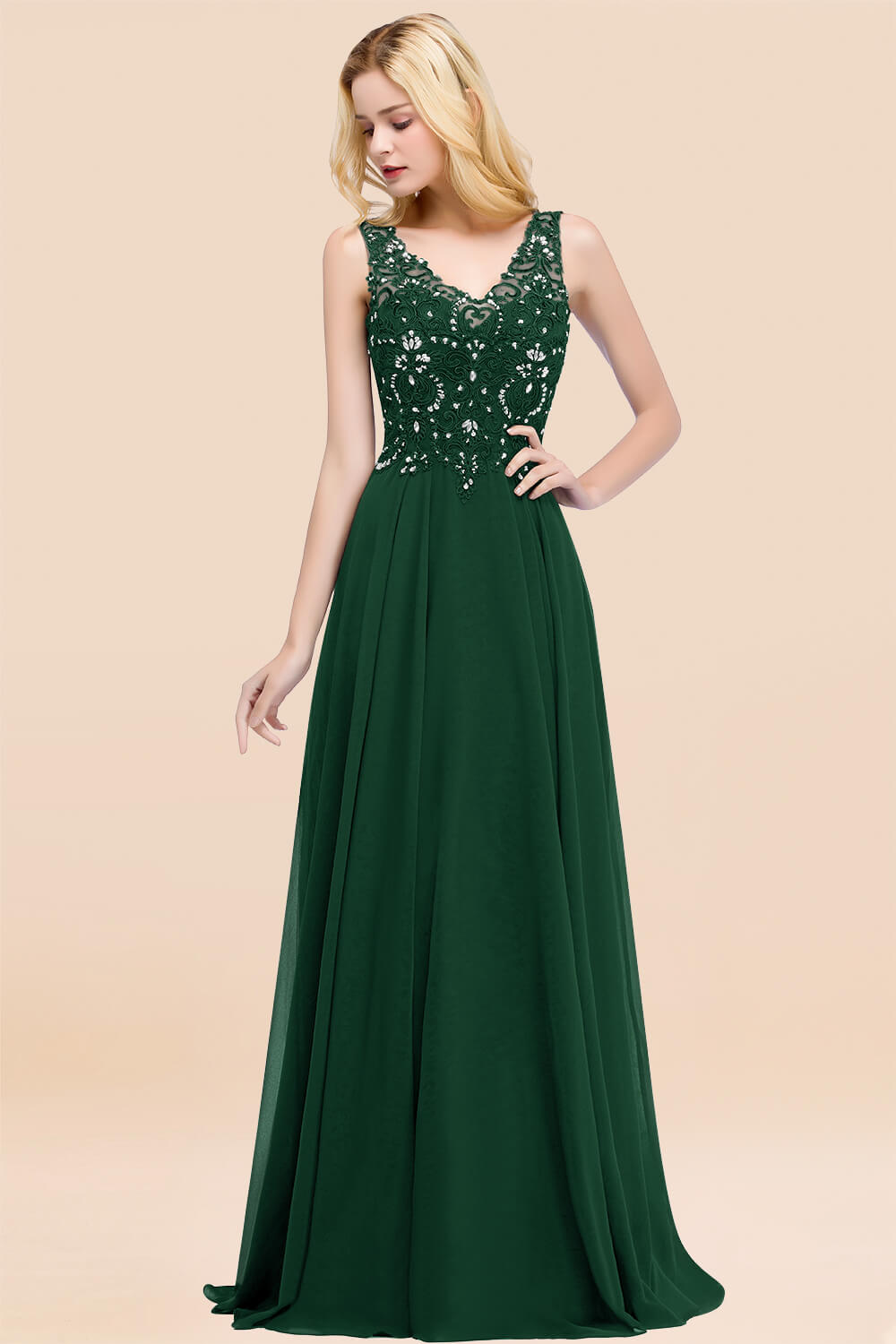A-line Chiffon Appliques V-neck Sleeveless Floor Length Bridesmaid Dresses with Crystals