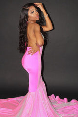 Sparkly Long Halter Deep V-neck Sequins Backless Mermaid Prom Dress