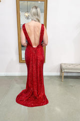 Stunning Red Sequins Long V-neck Backless Mermaid Formal Evening Dresses