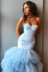 Long Strapless Tulle Mermaid Sky Blue Formal Prom Dress