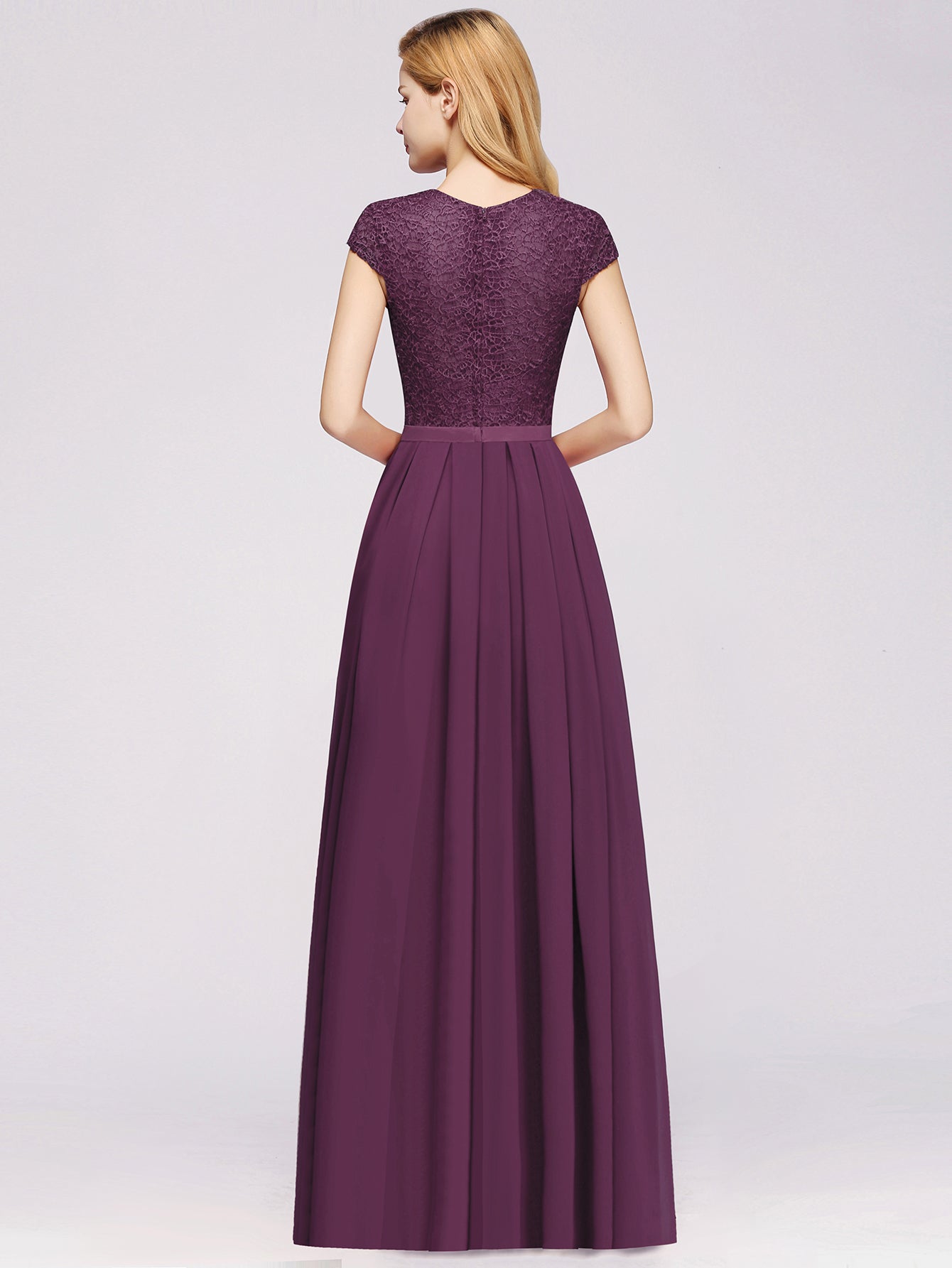 Long A-line Chiffon Crew Neck Lace Floor Length Bridesmaid Dress