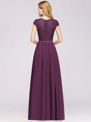 Long A-line Chiffon Crew Neck Lace Floor Length Bridesmaid Dress