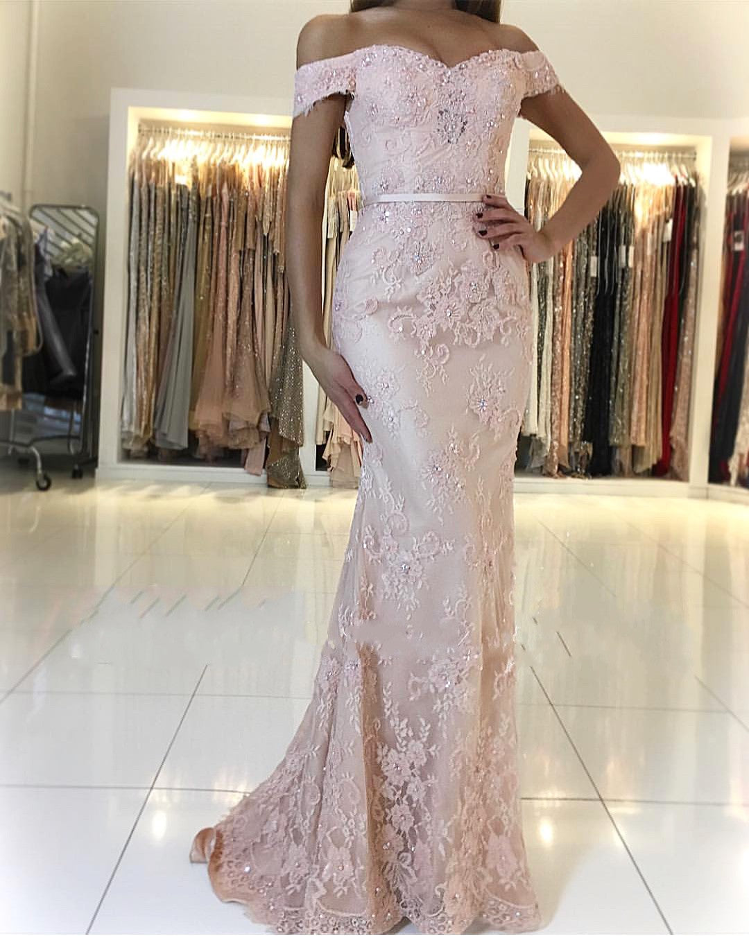 Long Mermaid Off the Shoulder Tulle Appliques Lace Formal Prom Dresses