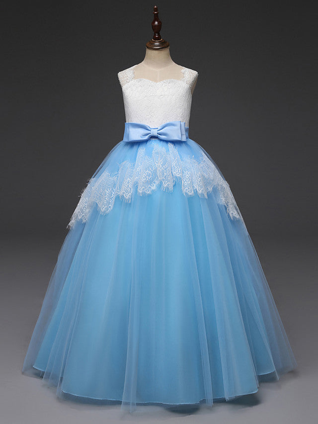 Long A-line Tulle Lace Sleeveless Flower Girl Dresses with Bow