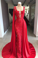Long Bateau Lace Floor Length Mermaid Prom Dress With Side Train